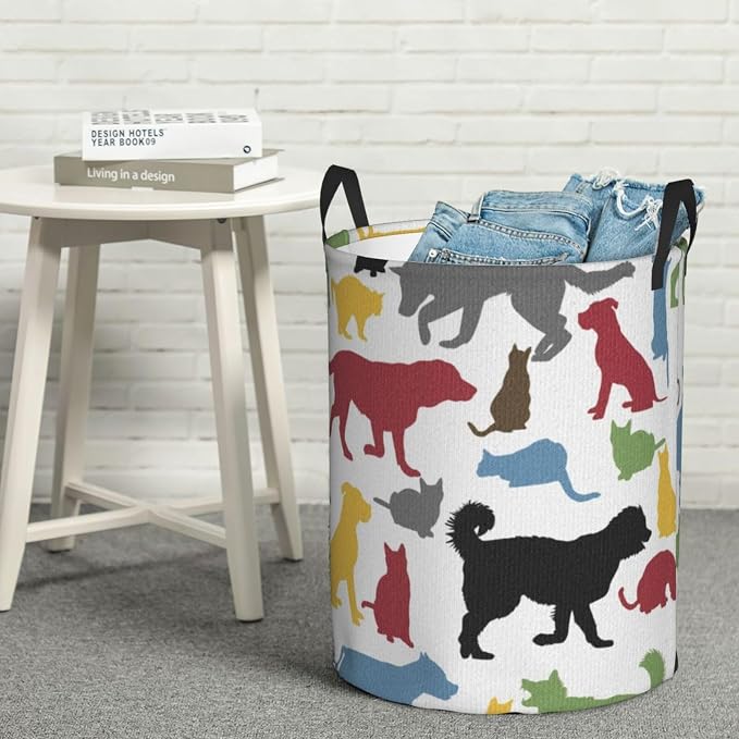 Cats And Dogs Animal Silhouettes Domestic Pets Cartoon Portable Round Hamper For Bedroom Bathroom