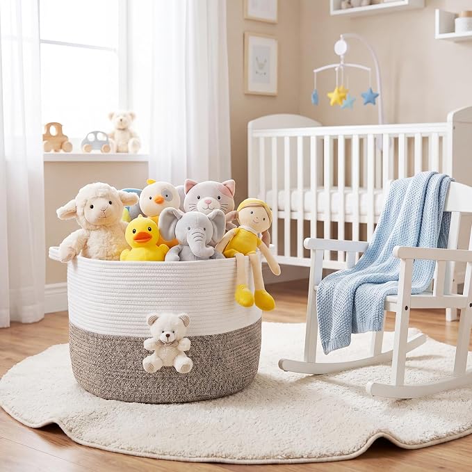 LemonRoad Extra Large Basket 20"x14", Woven Basket for Laundry Blanket Toy Box with Handle Storage, Blanket Storage for Living Room Nursery Pillows Chest(Cotton Rope,White Bear,Brown)
