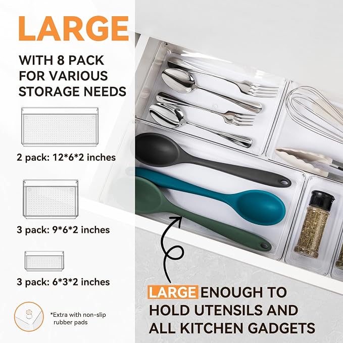 8 Pack Drawer Organizer for Kitchen Gadgets, Large Clear Plastic Drawer Divider for Kitchen Accessories, Bathroom Organizers and Storage, Home Essentials for Makeup and Vanity Accessories