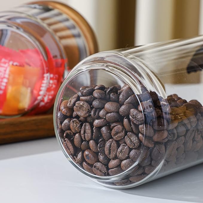 Glass Storage Jars with Wood Lids 25 Oz | Ktichen Food Containers Airtight Canisters for Coffee Beans/Sugar/Nuts