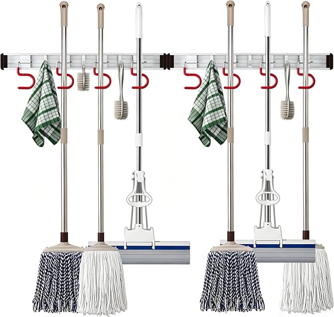 Wall Mounted Mop and Broom Holder Stainless Steel S Type Broom Rack Anti-Slip Mop Organizer (34Inches,8 Positions 6 Hooks, Red White)