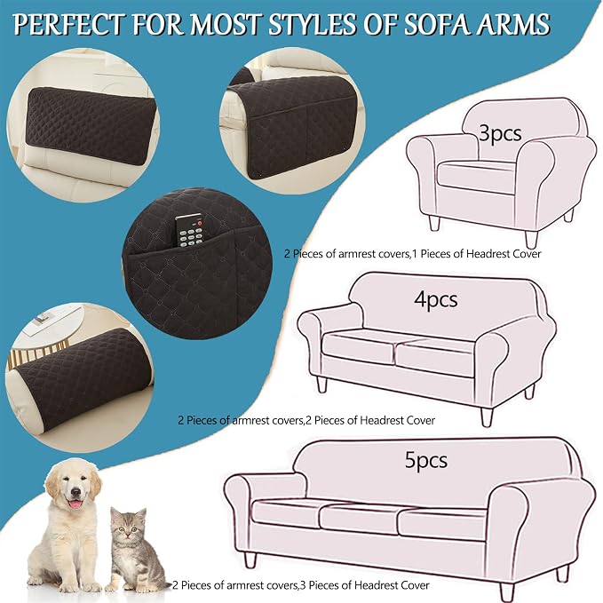 Water-Resistant Sofa Armrest and Headrest Covers, 2 Pockets | Quilted polyester helps shield recliners, loveseats and sofas from daily wear; silicone backing and fasteners improve grip