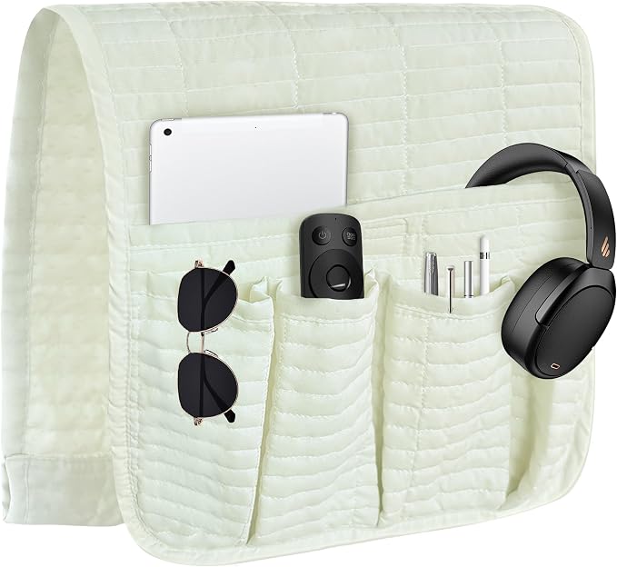 MEHIDFY Sofa Armrest Caddy, Waterproof Bedside Storage Organizer, Non Slip Armchair Pockets, Remote Control Holder for Couch, Handy Pouches with 6 Pockets for TV Remote, Phone, Magazine(White)