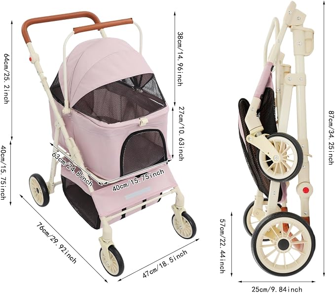 Foldable Double Tier Pet Cart, 360° Swivel Wheel Travel Carrier, Pink | Breathable Oxford Cloth Carbon Steel Frame, Brake Wheels & Pet Friendly Windows For Dog Cat Outdoor Walk Trip