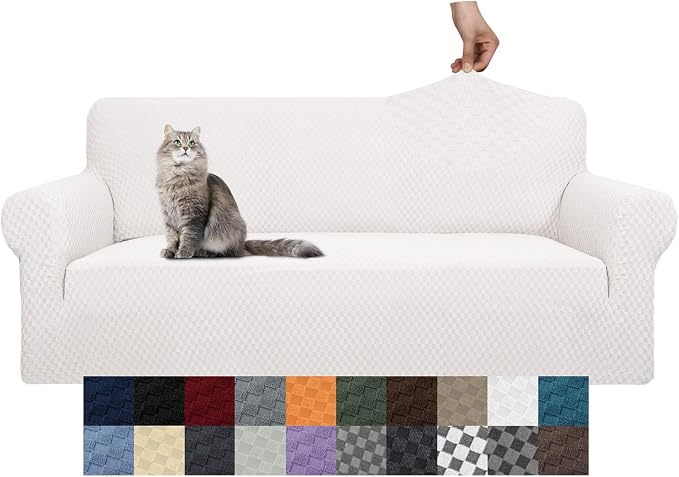 YEMYHOM Couch Cover Latest Jacquard Design High Stretch Sofa Covers for 3 Cushion Couch, Pet Dog Cat Proof Slipcover Non Slip Magic Elastic Furniture Protector (Large, White)