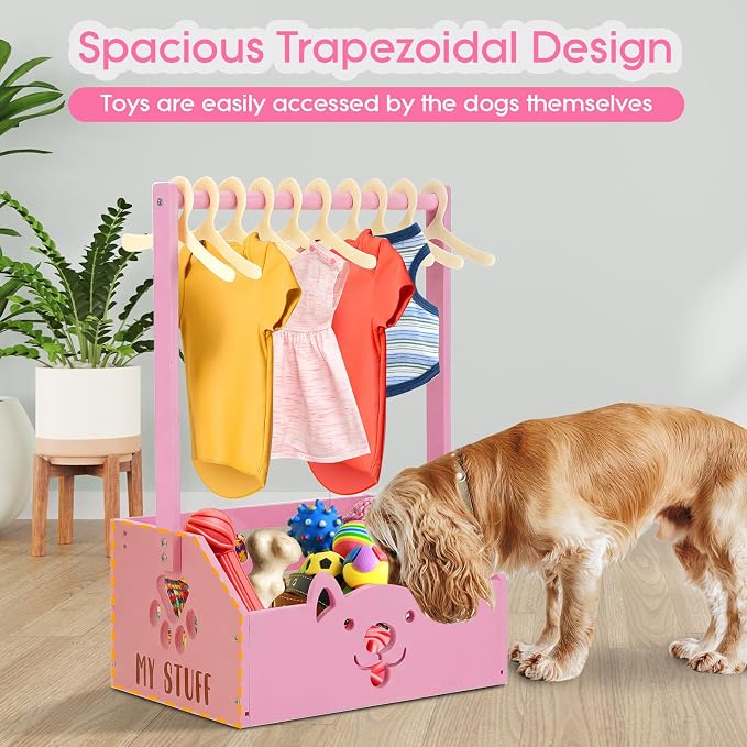 Chunful Dog Closet Wardrobe, Storage Bin, 5 Hangers, Wooden,Pink | Organize Pet Clothes and Toys, For Small Dogs and Cats, Includes Wardrobe Rack and Storage Box, Natural Wood, 19"x13"x9"