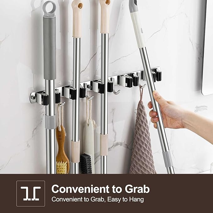 Broom Holder Wall Mount, Stainless Steel Broom Hanger Wall Mount, Heavy Duty Mop and Broom Holder Tool Racks Utility Hooks for Laundry Room Garden Garage, Black (5 Racks and 4 Hooks)