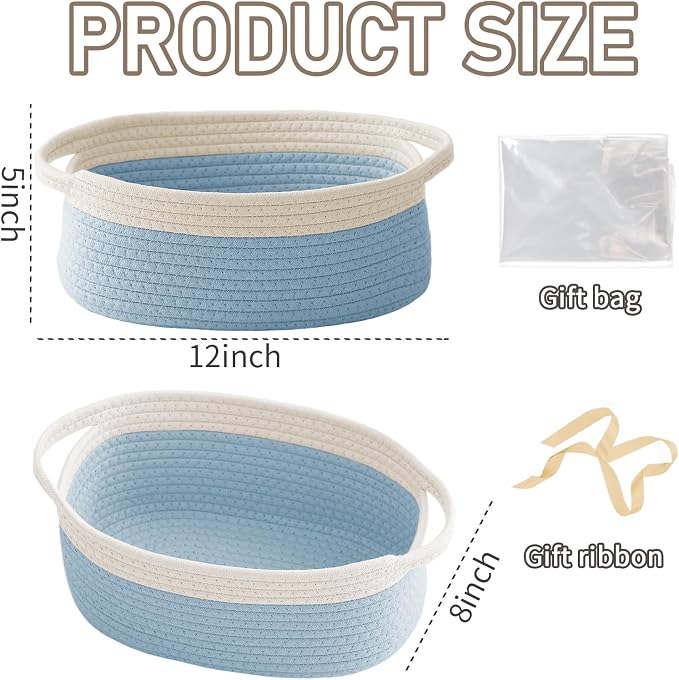 JMvicyroam Small Woven Basket, Empty Gift Basket, White&Blue/1 Pack | Small Gift Basket, Cotton Rope, 12 x 8 x 63 in, Handles, Includes Ribbon and Bag, Birthday Gift Basket