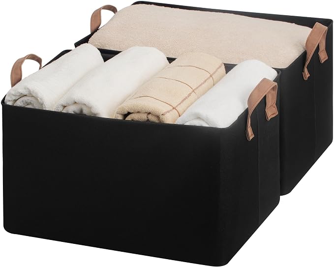 StorageWorks Fabric Storage Bins, Linen Closet Organizers, Black, 2-Pack | 45L, With Reinforced PU Handles, Metal Frame, Collapsible, Storage Basket for Shelves, Closet, Holds Clothes, Towels, Blanket