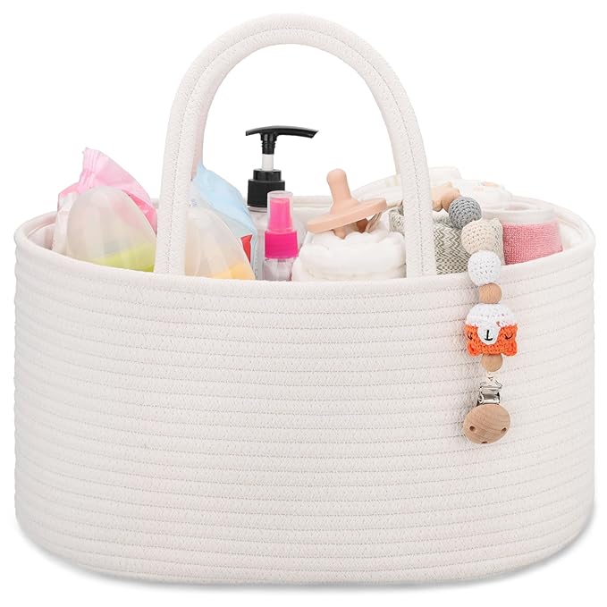 COMSE Baby Diaper Caddy Organizer with Handles, Cotton Rope, White