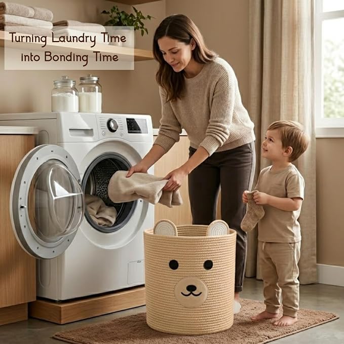 Nursery Storage Basket, 25L Large Woven Cotton Rope Baby Bin with Bear Design, Foldable Washable Laundry Hamper, Kids Room Decor Organizer for Toys, Blankets & Baby Essentials (Brown Bear)