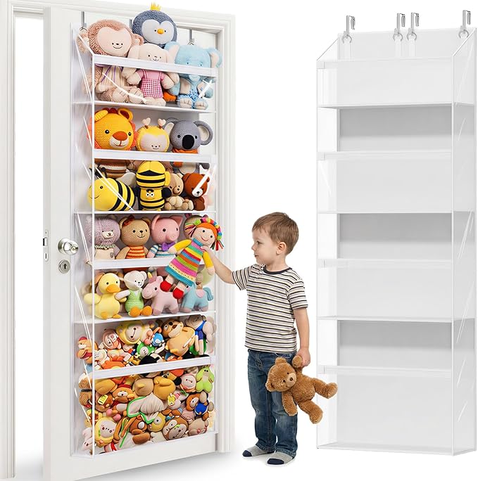 Heavy Duty Stuffed Animal Storage, 4-Tier Clear Extra Large Over The Door Organizer for Stuffies, Baby Ideas Holder, Toy Plush Hanging Organizer Big Girls Toddler Bag Animals Stuffy, White