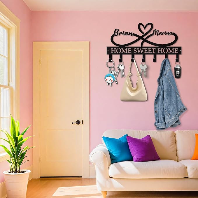 Personalized Couple Key Holder for Wall, Custom Heart Name Hooks | Heart infinity metal key rack for bedroom decor, rust-resistant finish, ideal wedding, anniversary and new home gift