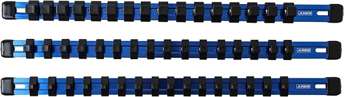 ARES 60041 3-Pc 1/4,3/8,1/2-In Blue Socket Rail | Part No. 60041; 1/4-Inch, 3/8-Inch, and 1/2-Inch Drive Socket Organizers Hold 48 Sockets