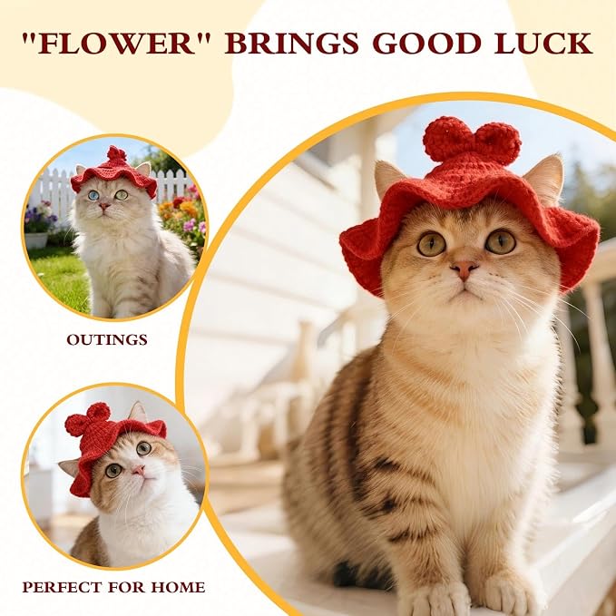 Bow Cat Hat, Cotton & Soft Cute Knitted Hats for Cats Birthday Party Spring Puppy Hat for Small Pets (Red, M)