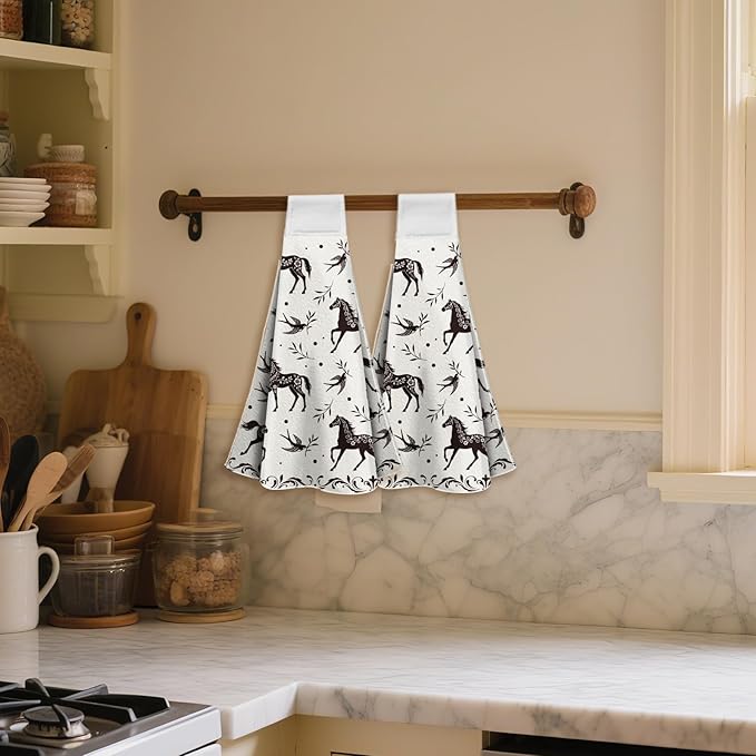 CUTHOLLOW Black Horse and Swallow Hanging Kitchen Towels with Loop, Set of 2 Soft & Super Absorbent Microfiber Decorative Hanging Dish & Hand Towel, Tea Coffee Towel for Kitchen Bathroom Oven Handle