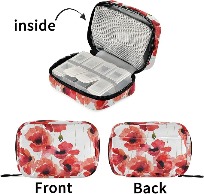Watercolor Poppy Flowers Pill Box 7 Day Pill Case Travel Pill Organizer Bag with Zipper Portable Weekly Case Compact Size for Vitamin Supplement Holder