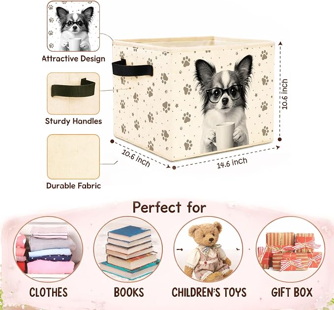 Chihuahua Coffee Storage Bin, Foldable Fabric Organizer Basket | Cute chihuahua coffee storage bin with glasses dog artwork, paw print background, foldable design and handles.