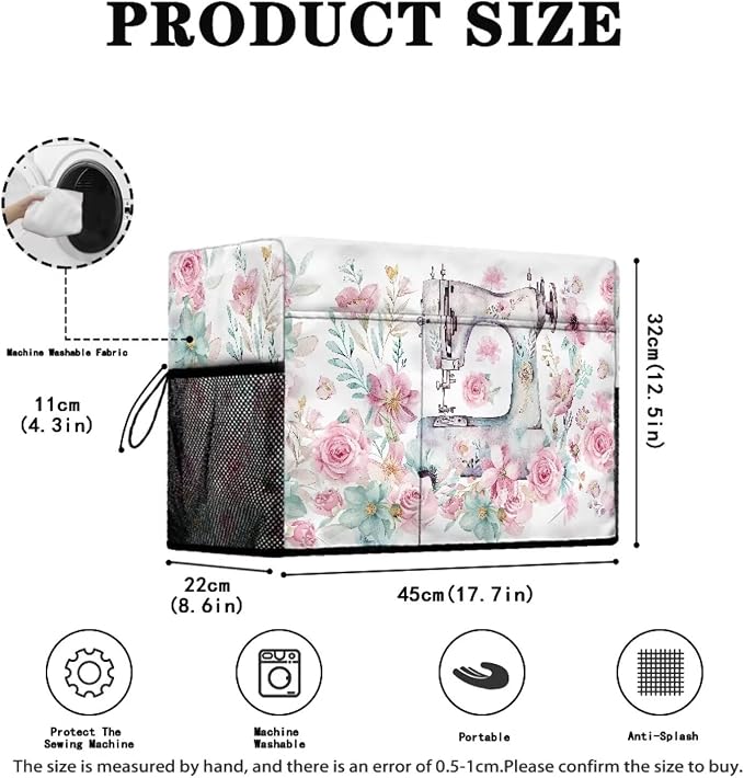 Sewing Flower Sewing Machine Cover with Storage Pockets,Dust & Pet Hair Protection,Fits Standard Singer, Brother and Janome Machines, Protecting & Decorating Your Sewing Space (Pink)