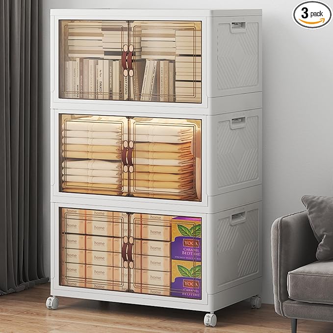Stackable Storage Bins with Lids, 360QT Lockable Storage Cabinet | Folding Storage Box with Doors and Wheels, Collapsible Plastic Drawers for Home, Garage, Office
