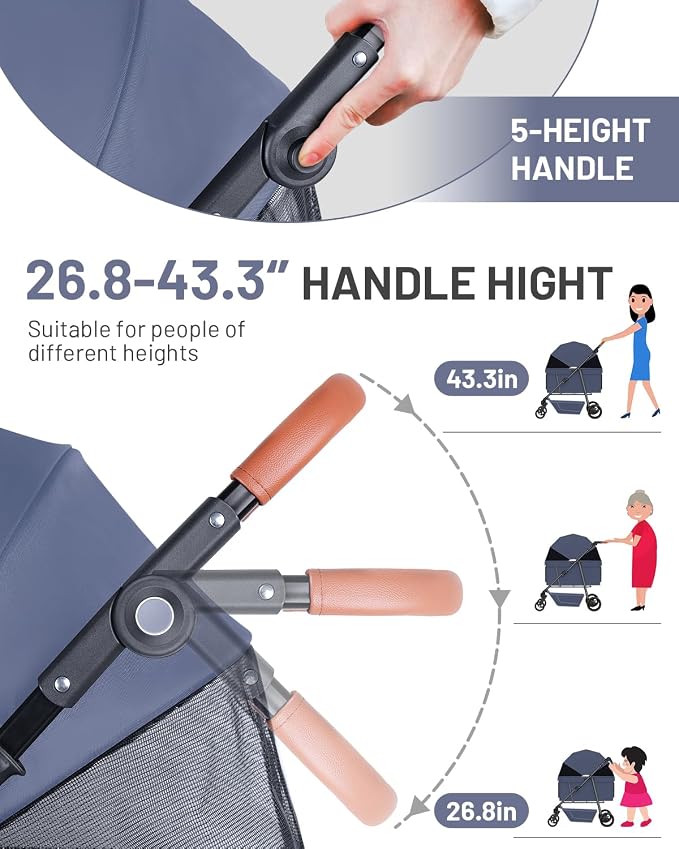 Dog Stroller for Large & Medium Dogs, Pet Stroller for 2 Small Dogs, Extra Large Heavy Duty, Foldable Design, Adjustable Handle, with Pocket, Up to 66lbs(Navy Blue)