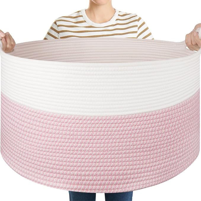 OIASKET Large Blanket Storage Basket for Living Room, 22.8" x 22.8" x 13" Woven Cotton Rope Basket with Handles, Baby Toy Storage, Laundry Hamper for Clothes, Pillows, Towels-Pink and White