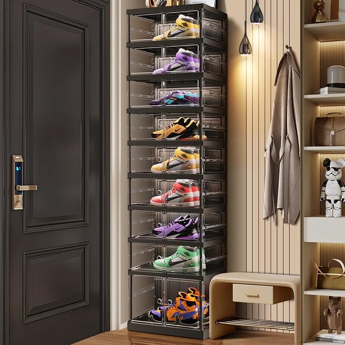 CIMLORD 9-Tier Foldable Shoe Rack, Magnetic Clear Doors, 18 Pairs, Black | Collapsible Narrow Plastic Shoe Cabinet, Stackable, Lidded, Tool-Free Assembly, Fits Boots & Sneakers, Closet & Entryway