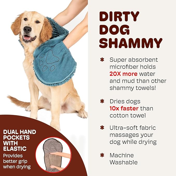 Dog Gone Smart The Dirty Dog Shammy - Fast Drying Plush Shammy Towel with Dual Hand Pockets and Elastic - Super Absorbent Polyamide Microfiber & Machine Washable - Pacific Blue, X-Large