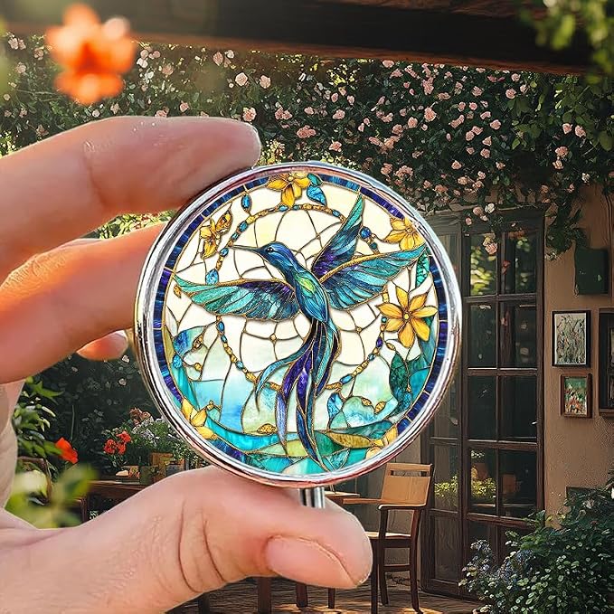 Portable Round 3 Compartment Metal Pill Box Bohemian Translucent Hummingbird Dream Catcher Ideal for Travel Daily Medication Organization or As a Thoughtful Gift for Friends
