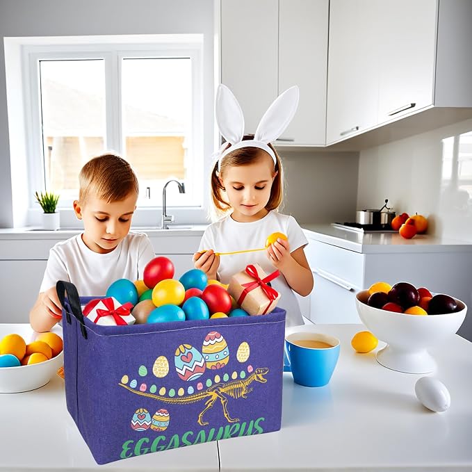 Dinosaur Easter Basket for Kid Large Empty Baby Rectangular Cute Easter Gift Bunny Eggs Décor Storage Basket (Skeleton Dinosaur)