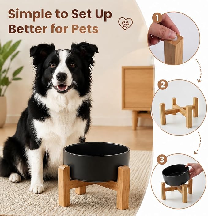 hjn Elevated Ceramic Dog Bowl with Bamboo Stand, Raised Pet Feeding Station for Small Medium Dogs Cats, Modern Design with Anti-Slip Base (Black, 7.6Cup)