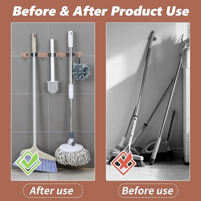 3 Racks and 4 Heavy Duty Hooks Mop and Broom Holder Wall Mount, Stainless Steel Broom Organizer Storage Utility Tool Racks for Home, Kitchen, Garage, Laundry Room. Rose Gold