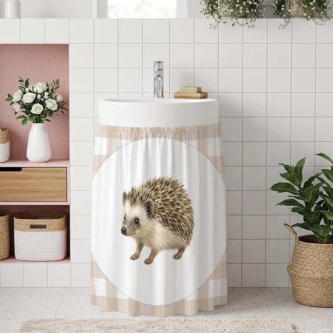 Hedgehog Oven Skirt Curtain for Kitchen Decor 28"x35", Modern Farmhouse Linen Checked Animal Self Adhesive Stove Curtains Skirt Cabinet Curtains for Bathroom Laundry Room