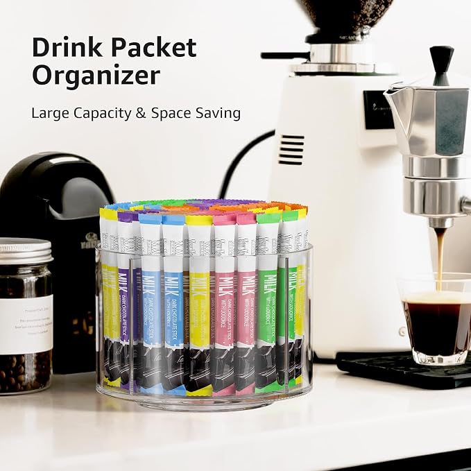 Divided Drink Packet Organizer, Rotating Turntable Organizer, Lazy Susan | Clear Lazy Susan, Water Drink Packet Holder, Rotating Storage Organizer for Powdered Drink Mix, Water Drink Packet Holder