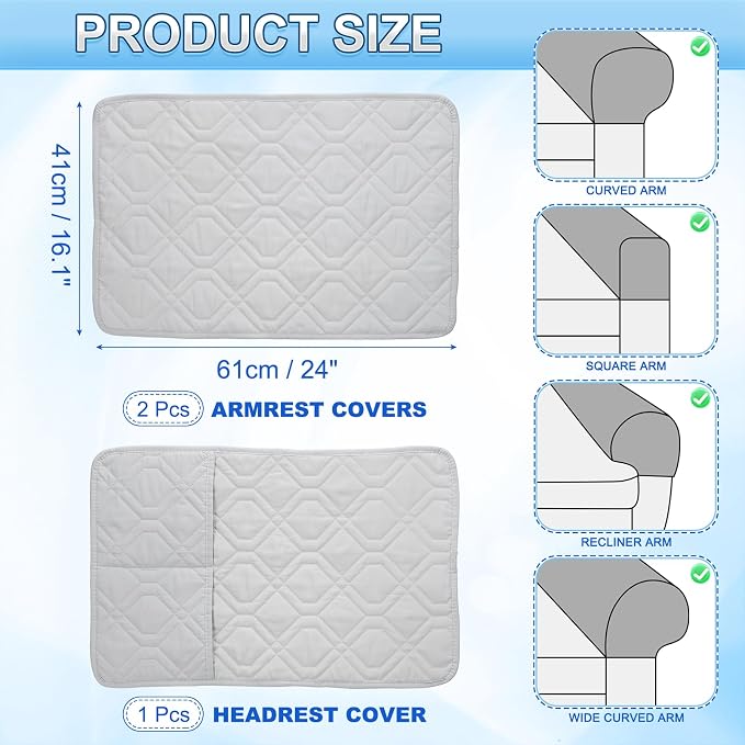 uxcell 3Pcs Sofa Armrest Covers, Armchair Covers with Side Storage Pocket Waterproof Recliner Chair Protector Anti-Slip Couch Arm Headrest Protect for Home Living Room, Light Beige Gray