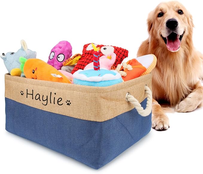 Personalized Dog Toy Storage Basket Bin Collapsible Customized Pet's Name Storage Box Organizer for Dog Toys、Dog Clothing、Dog Apparel & Accessories(Light Blue-S)