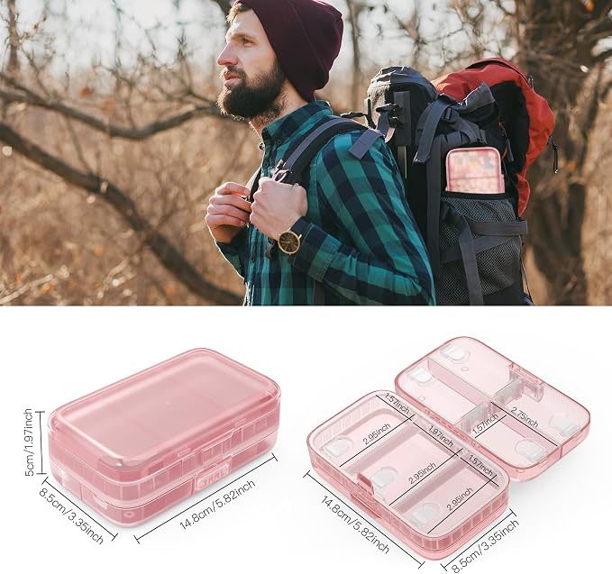 FYY Travel Pill Organizer, Large Weekly Medicine Pill Organizer-Pink | Airtight Moistureproof Medicine Case, Easy to Use, 8 Compartment Pill Box for Vitamins, Fish Oil, Supplements, Mini First Aid