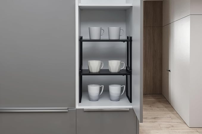 Nxconsu Expandable Shelf for Cabinets, Cabinet Shelf Riser, 12" Black | Heavy-Duty Organizer Metal Dish Riser for Cabinets Holds 50LBS and Expands 13.4 to 24.5 in for Kitchen Pantry Plate Mug Spice