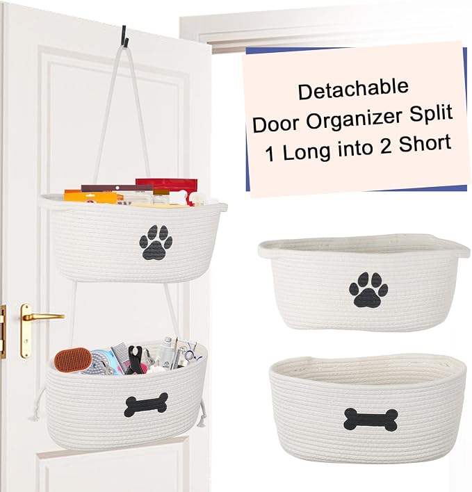 2-Tier Dog Baskets,Over Door Hanging Oganizer for Pet Stuff with Metal Hooks,Cotton Rope Wall-Mounted Storage Organizer for Dog Leash/Harness/Small Toys/Trash bag - Beige