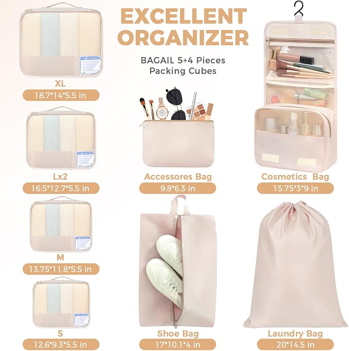 BAGAIL 9 Set Packing Cubes with Packing List Luggage Packing Organizers for Travel Accessories (Cream)