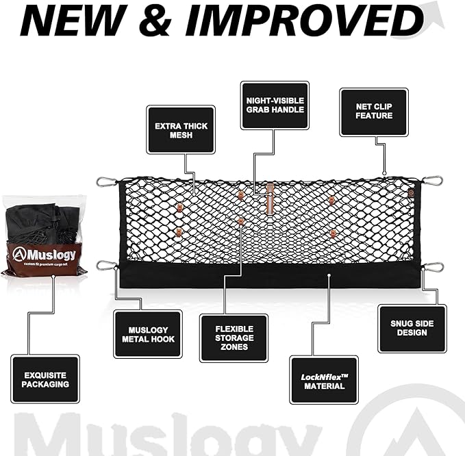 Muslogy Cargo Net for Dodge Ram 1500 2019-2025 2026 Accessories | Custom Fit, Truck Bed Storage Organizer Net for Pickup Truck Bed Divider, Heavy Duty Carabiners, Night Visible Grab Handle