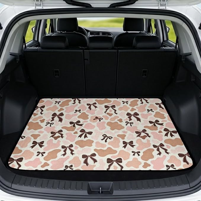 Howilath All Weather Pink Cow Print Bow Car Trunk Liner Cargo Liner Premium Polyester Non-Slip Trunk Mat for SUV Sedan Vehicle Interior Accessories