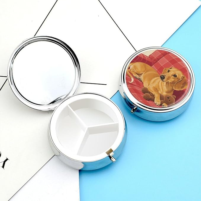 Dachshund Weiner Pet Dog Pill Box 3-Compartment Travel Pill Organizer Portable Round Medicine Case with Mirror Design for Vitamins, Jewelry & Essentials Durable Pocket Pillbox for Purse, Camping