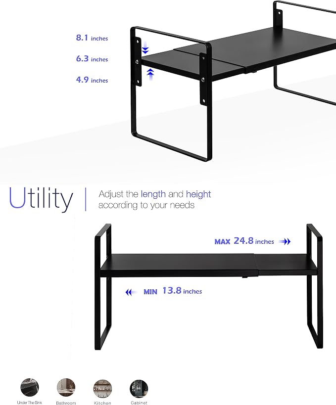 Nxconsu Cabinet Shelf Riser, Adjustable Cabinet Organizer, 10.3" Deep Black | Heavy-Duty Metal Expandable Shelf Holds 50 lb with 3 Height Levels for Kitchen Cabinet Cupboard Pantry Dish Mug