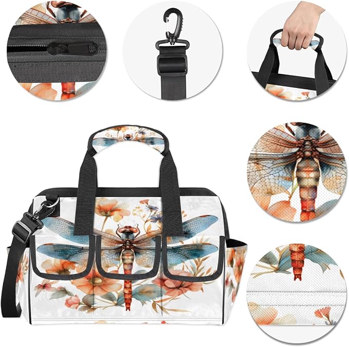 Flower Dragonfly Heavy Duty Tool Bag 14.8 Inch Floral Dragonflies Portable Soft Tool Box Organizer Storage with Adjustable Shoulder Strap