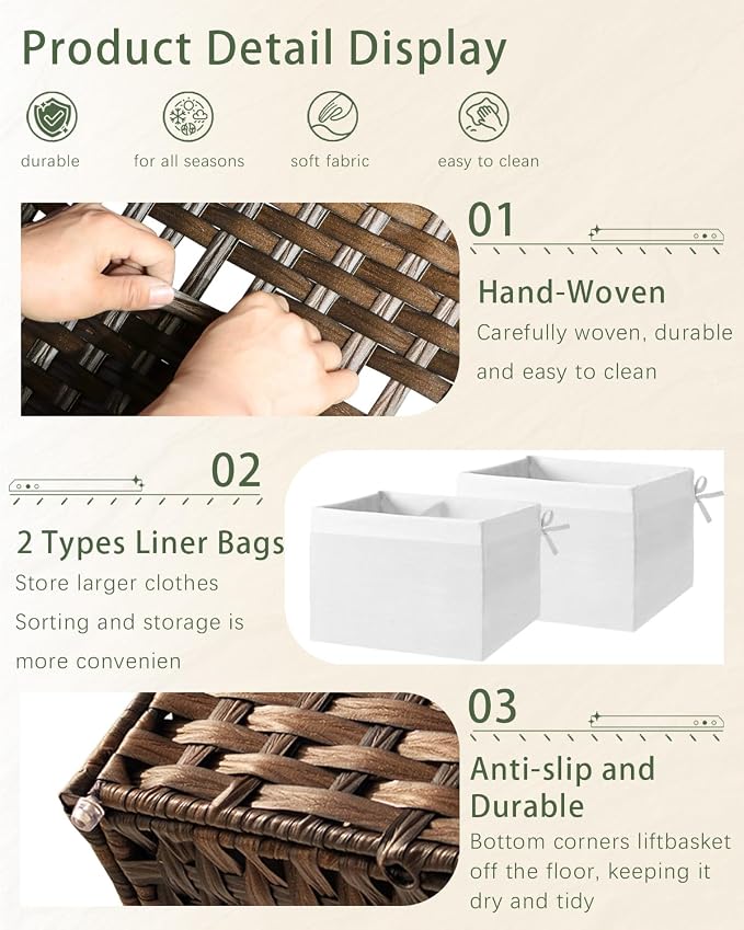 SETVSON Storage Basket with Lid Wicker Baskets for Storage, 160L Brown | 42.3 Gallon Storage Bin with 2 Separate Lids, 2 Removable Liners for Clothes & Blankets, Sturdy Metal Frame, PE Rattan