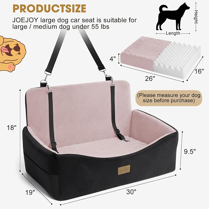 JOEJOY Dog Car Seat for Large Medium Sized Dogs Under 55 lbs, Dog Booster Seat for 2 Small Dogs with Detachable Washable Cover, Memory Foam Pet Car Seat with 2 Safety Belts and Storage Pockets