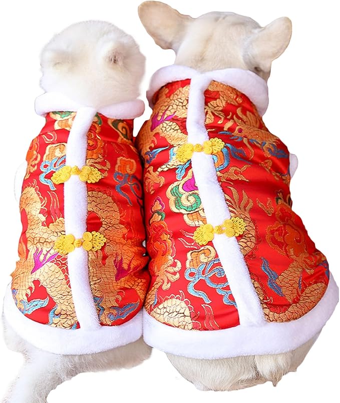 BAMY New Year Dog Dragon Robe Costume Warm Cat Cheongsam Winter Pet Clothes Vest of The Tang Dynasty Christmas Coat for Cats Teddy Bichon Small Medium Dogs (XXL (Chest Circumference 24.4in))
