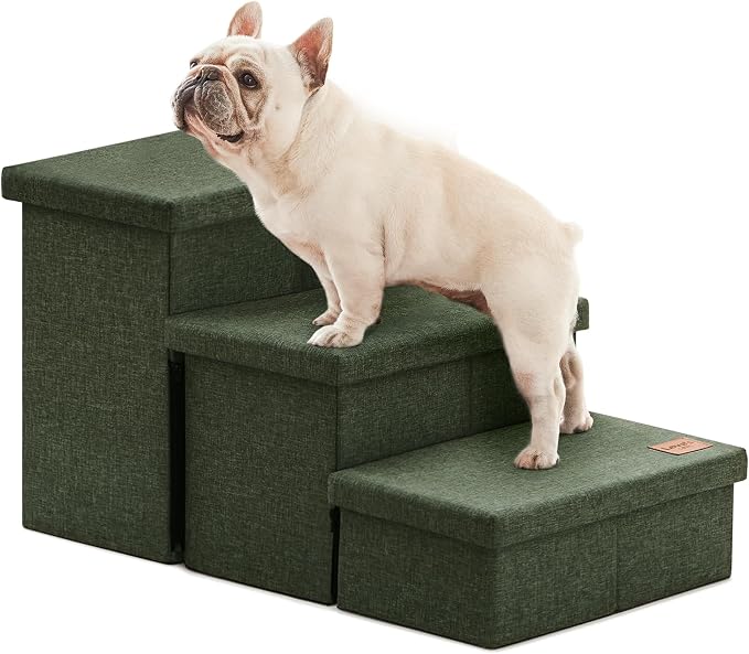Love's cabin Dog Stairs for High Bed, Foldable Pet Stairs for Small Medium or Large Dogs Puppy with Storage for Bed or Couch, Cat Dog Steps Ramp with Zip up to 200 lbs, Dark Green, 3 Steps
