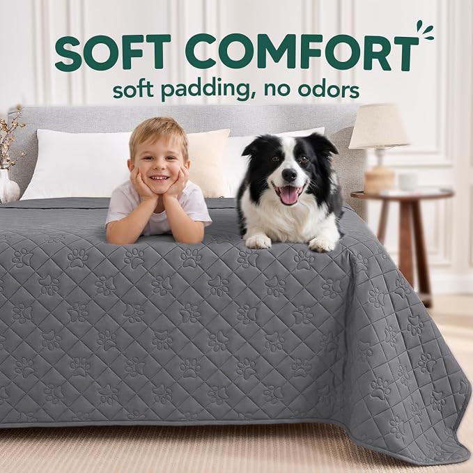 PAWFINITY Waterproof Bed Cover for Dogs, Pet Blanket for Mattress Washable | Paw Print Quilted, Hair Resistant, Anti Cat Scratch, Pee Proof Furniture Protector for Cal King Bed, 82x120 Inch, Grey